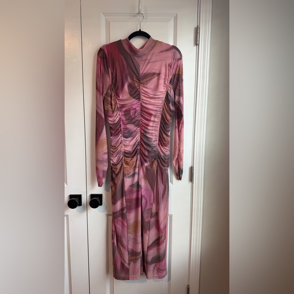 Anthropologie Dresses & Skirts - By Anthropologie Long-Sleeve Printed Mesh Midi Dress Pink Size XL